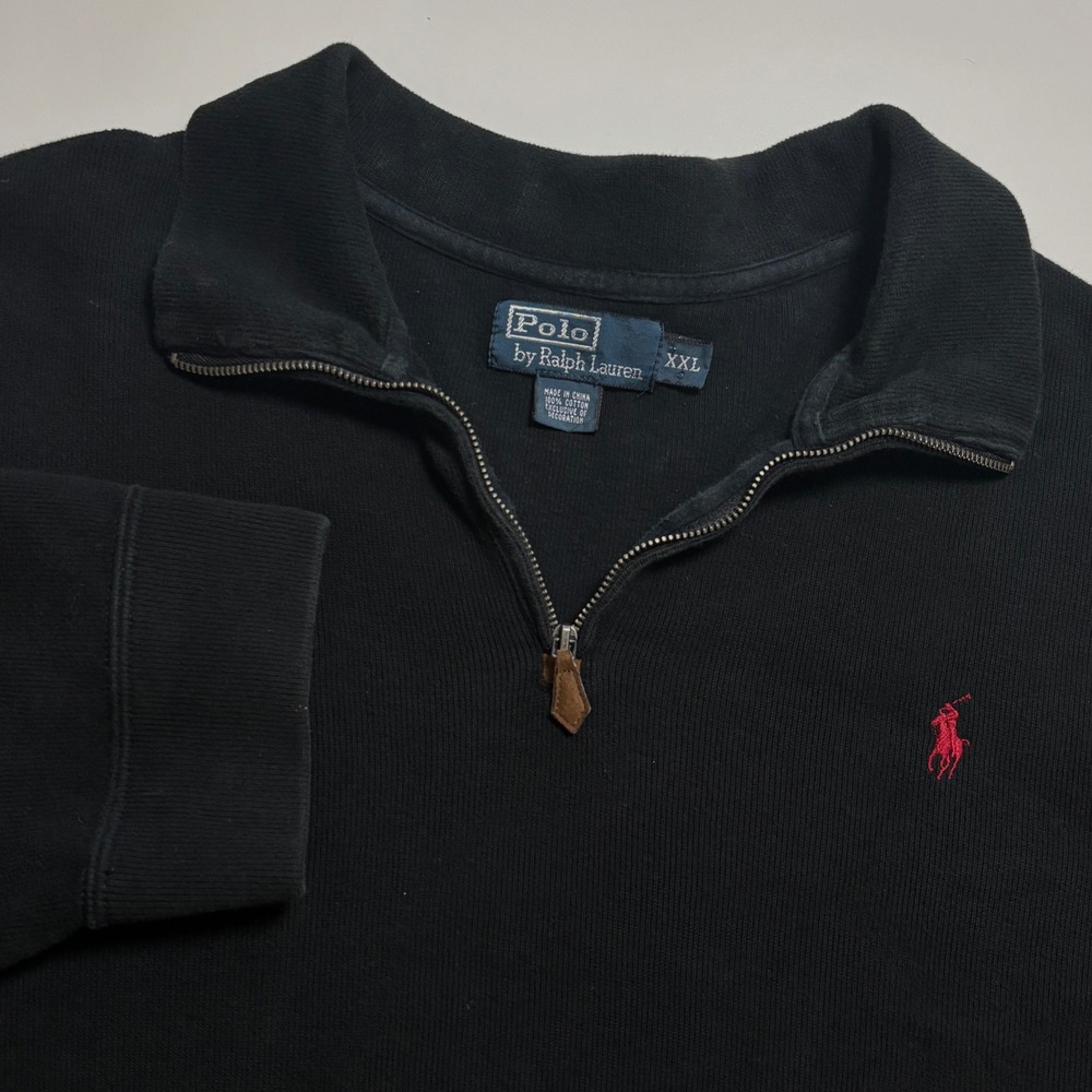 Vintage Polo Ralph Lauren Quarter Zip Men's 2XL Black Cotton Sweater Knit Preppy